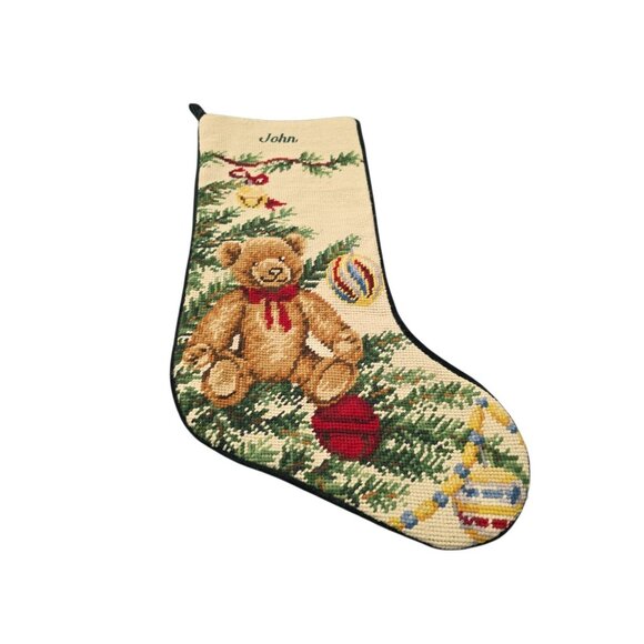LANDS END Needlepoint Christmas Stocking For "JOHN" Teddy Bear Ornaments Tree - Picture 1 of 6